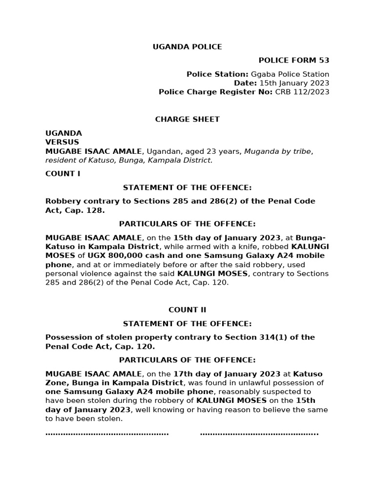 Uganda Police Charge Sheet: Mugabe Isaac Amale | PDF