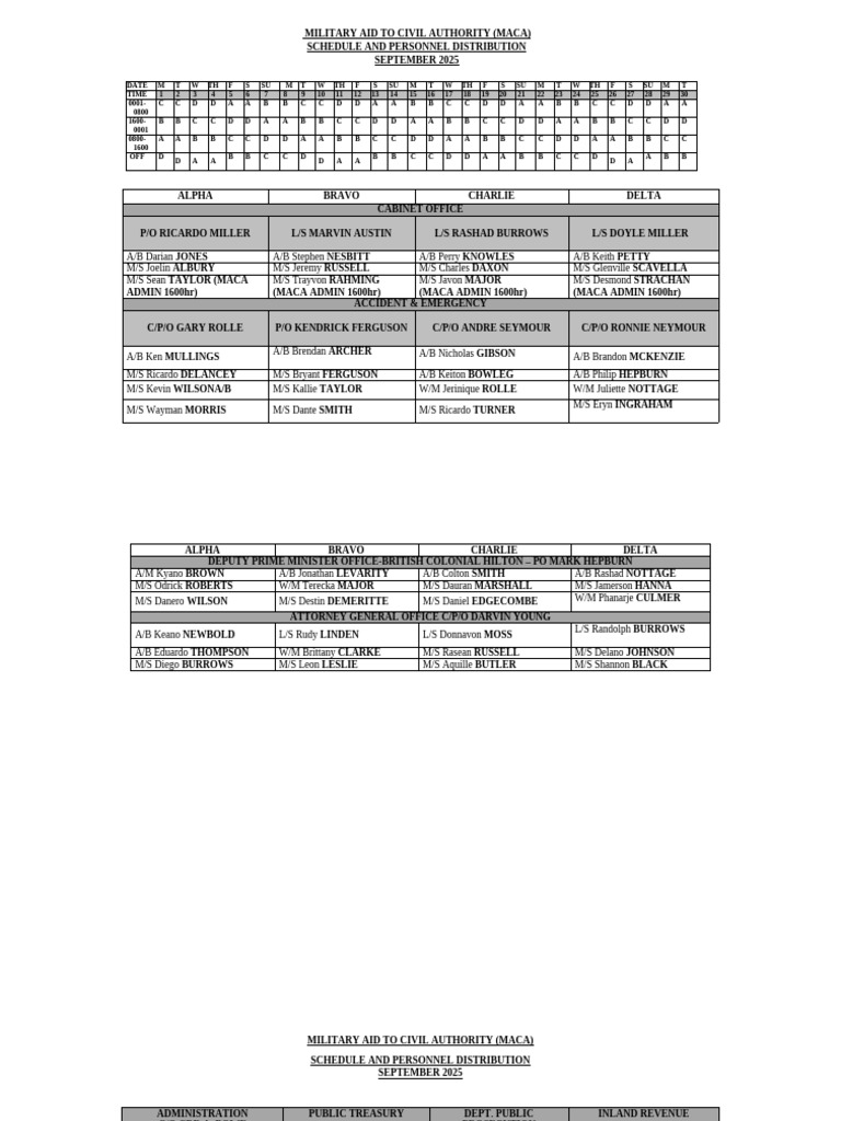 MACA September 2025 Personnel Schedule | PDF