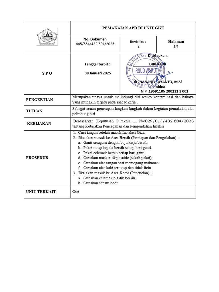 Panduan Pemakaian APD di Unit Gizi | PDF