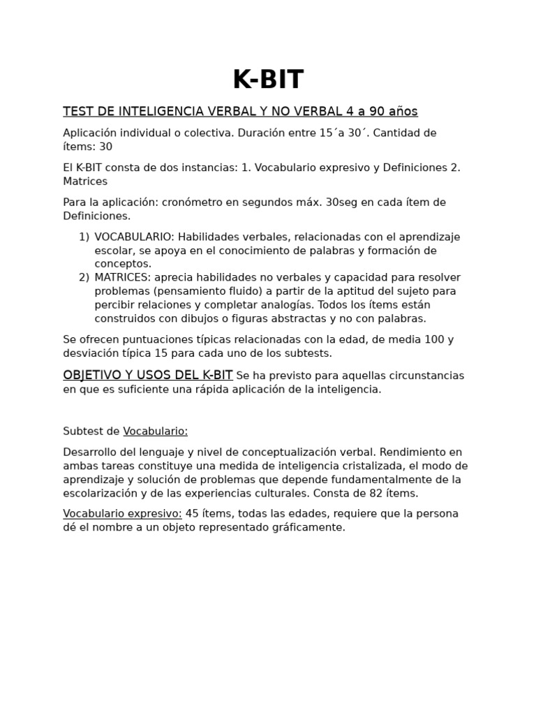 K-BIT: Test de Inteligencia 4-90 Años | PDF
