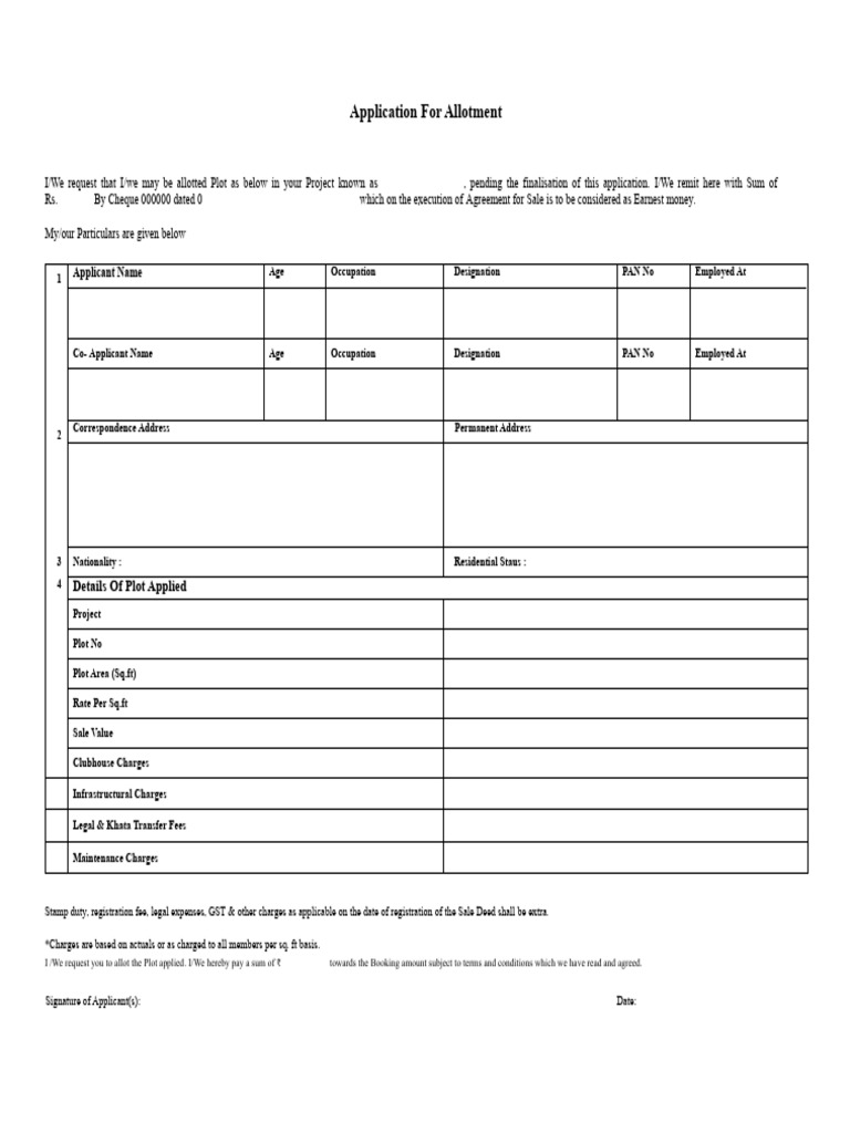 Plot Allotment Application Form | PDF | Cheque | Taxes