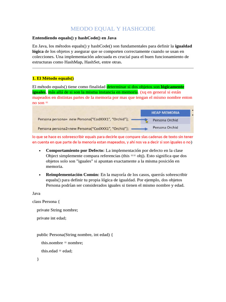 equals() y hashCode() en Java: Guía Esencial | PDF | Java (lenguaje de ...