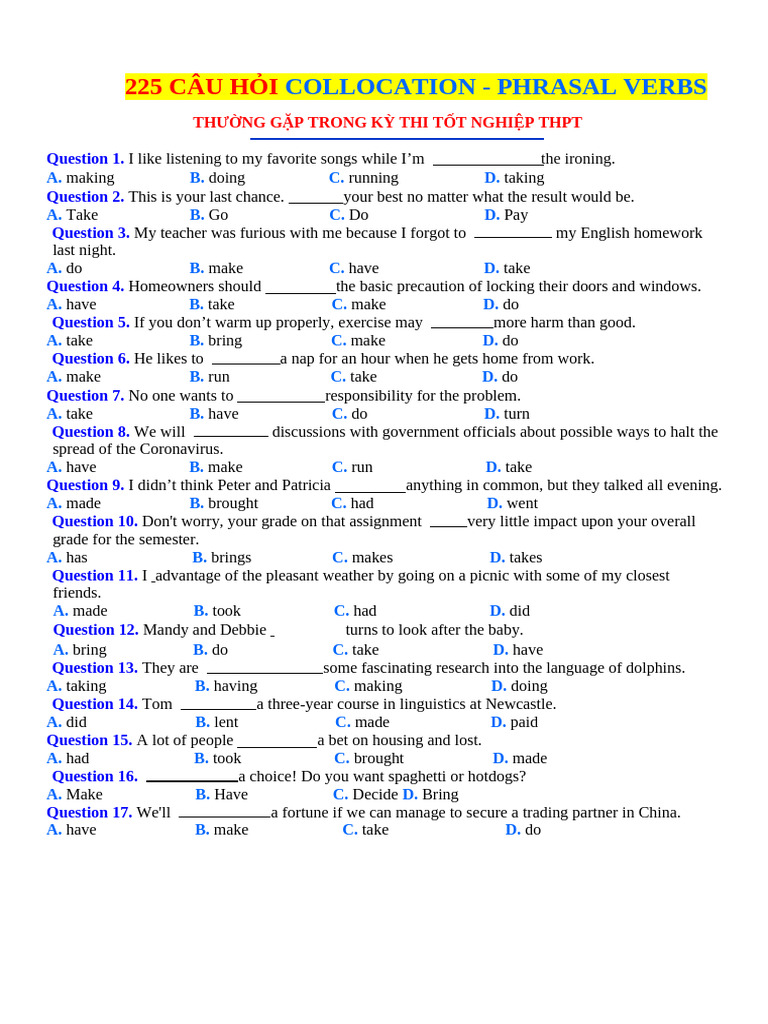 225 Common Collocation Questions | PDF