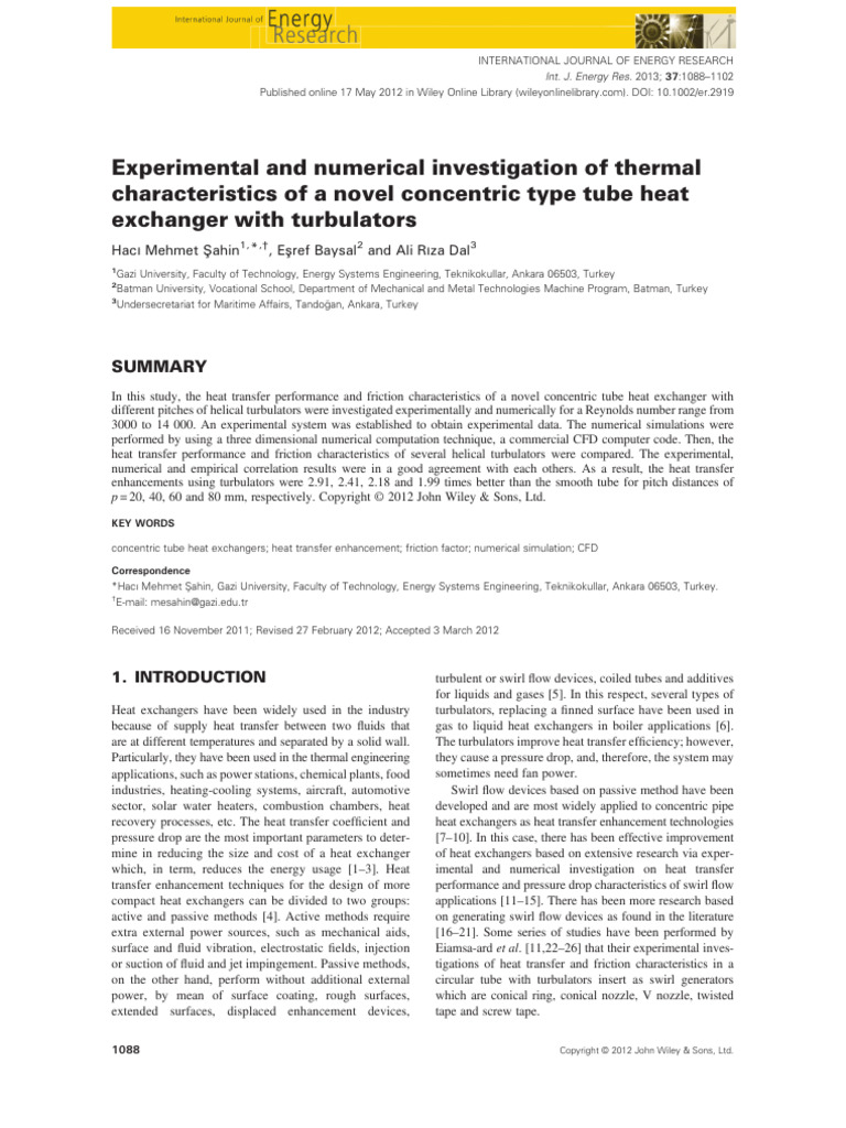 Intl J of Energy Research - 2012 - Şahin - Experimental and Numerical ...