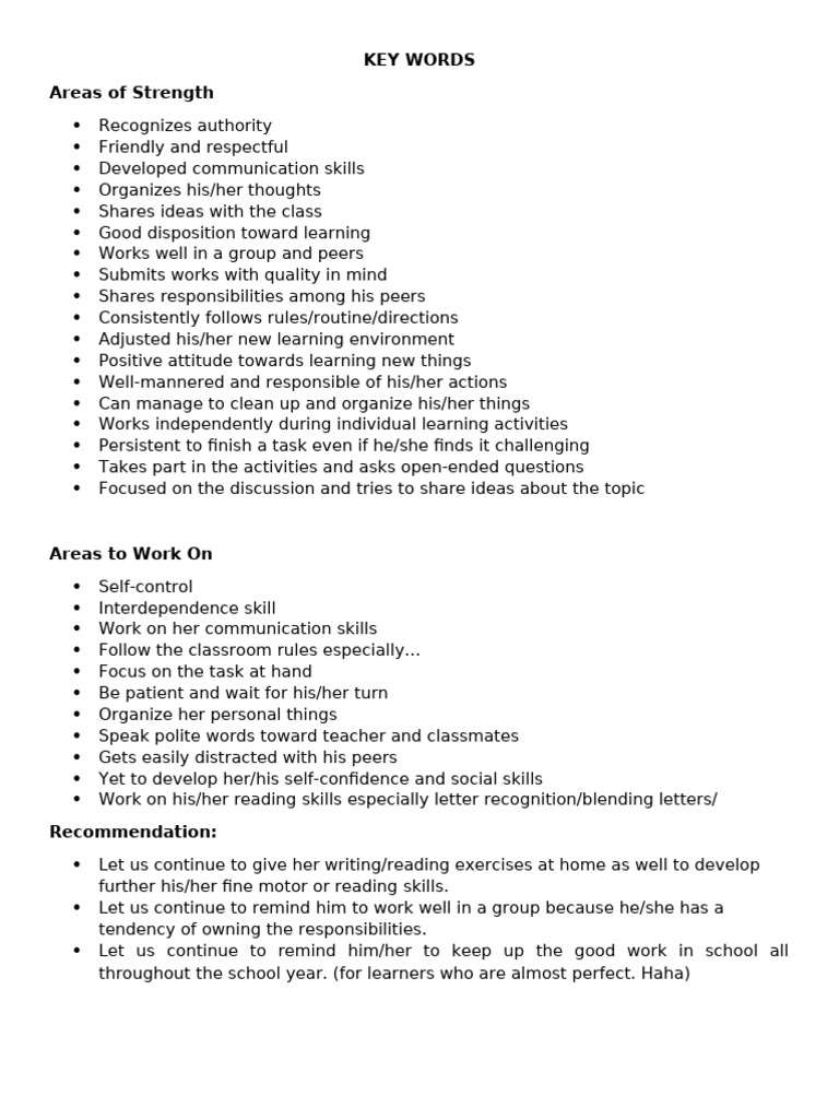 Student Strengths and Improvement Areas | PDF