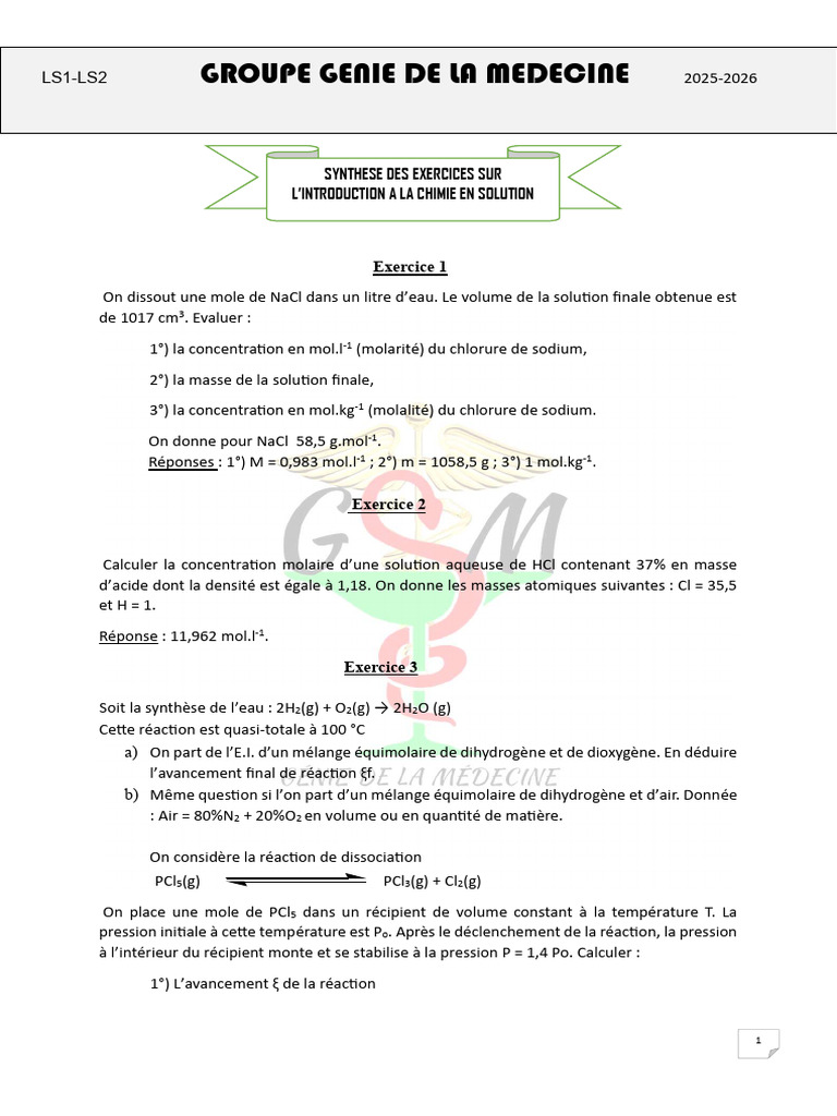 Exercices de Chimie en Solution 2025-2026 | PDF | Ph | Concentration ...