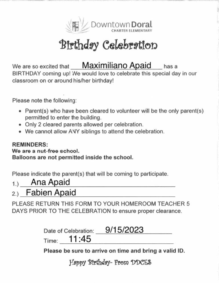Birthday Celebration Form DDCES | PDF