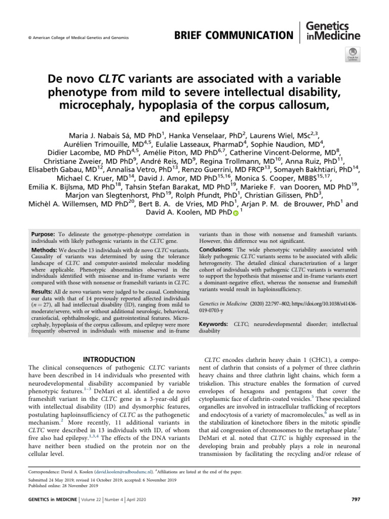 De Novo CLTC Variants Are Associated With A Variable Phenotype From ...