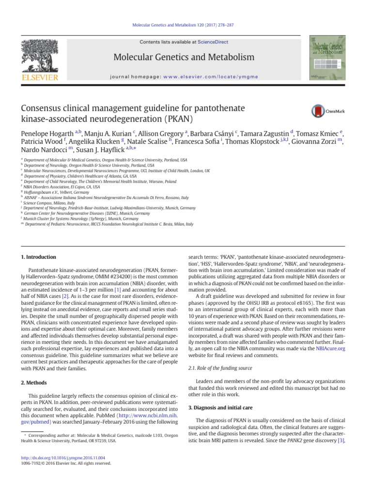 Consensus Clinical Management Guideline For Pantothenate Kinase ...