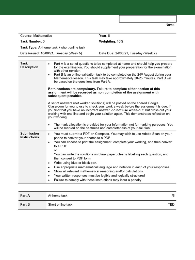 Year 8 Mathematics Assignment Guide | PDF | Area | Volume