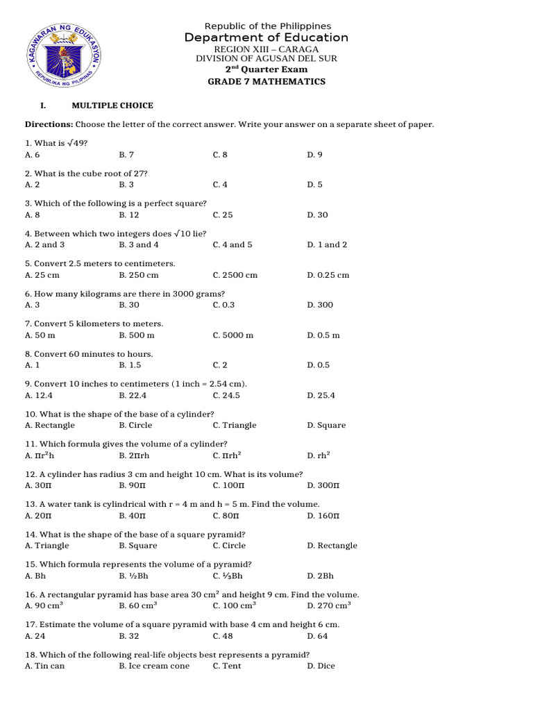 Grade 7 Math 2nd Quarter Exam Guide | PDF | Area | Volume