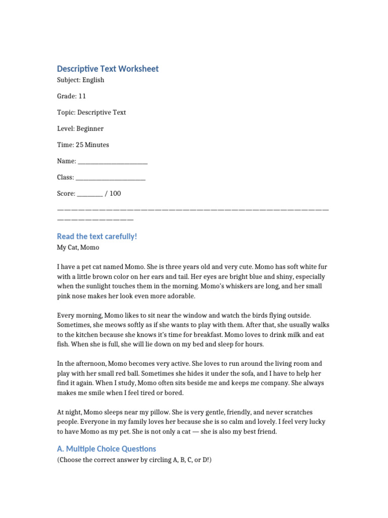 Descriptive Text Worksheet for Grade 11 | PDF | Cats