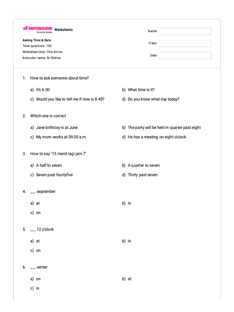 Time and Date Question Worksheets | PDF | Workweek And Weekend