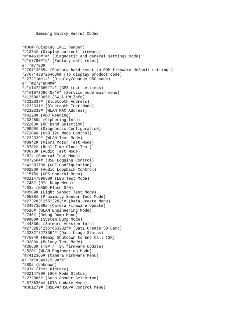 Samsung Galaxy Secret Codes Guide | PDF