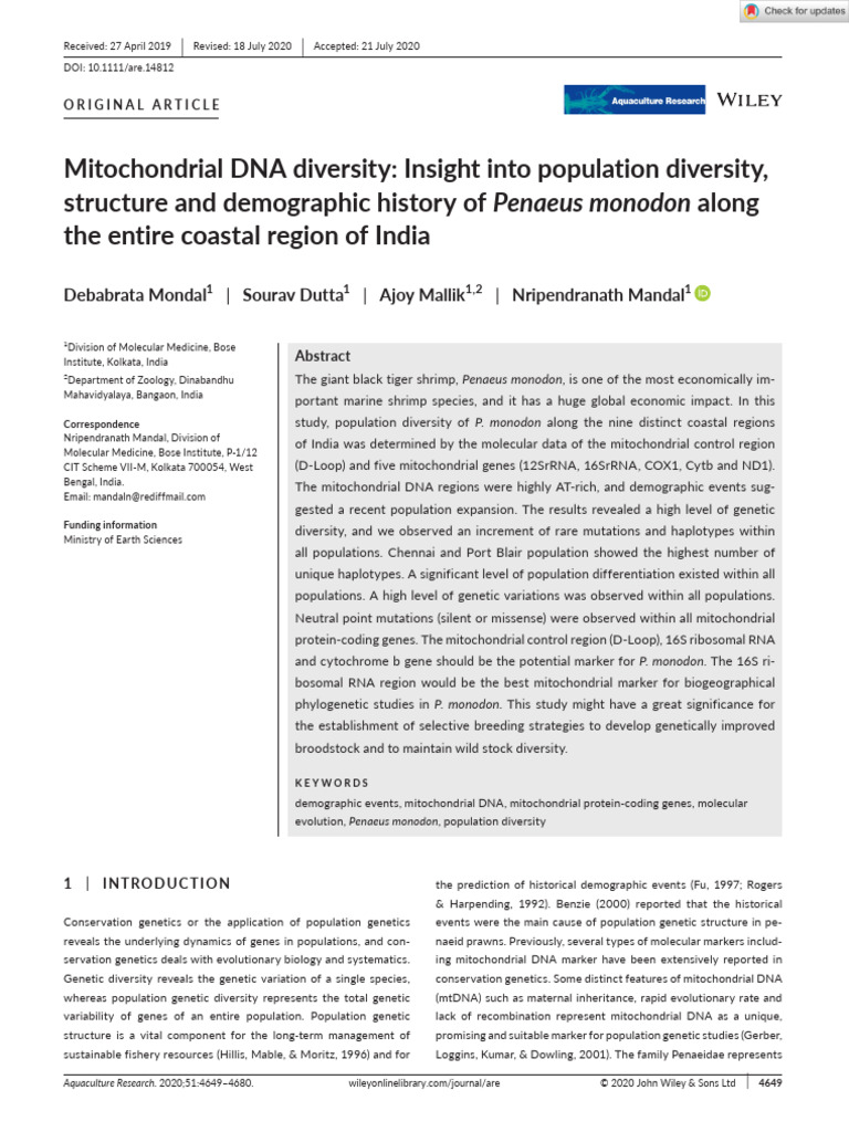 Aquaculture Research - 2020 - Mondal - Mitochondrial DNA Diversity ...