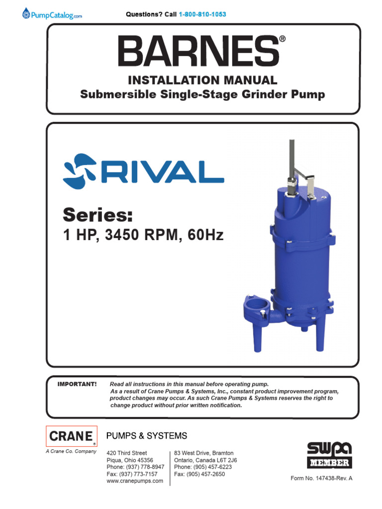 Barnes Crane Series RV RIVAL 2 Inch Submersible Grinder Pumps I&O ...