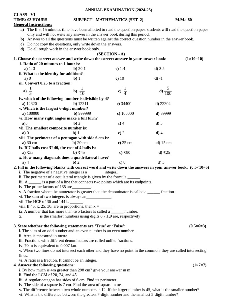 Class VI Mathematics Exam 2024-25 | PDF | Area | Numbers