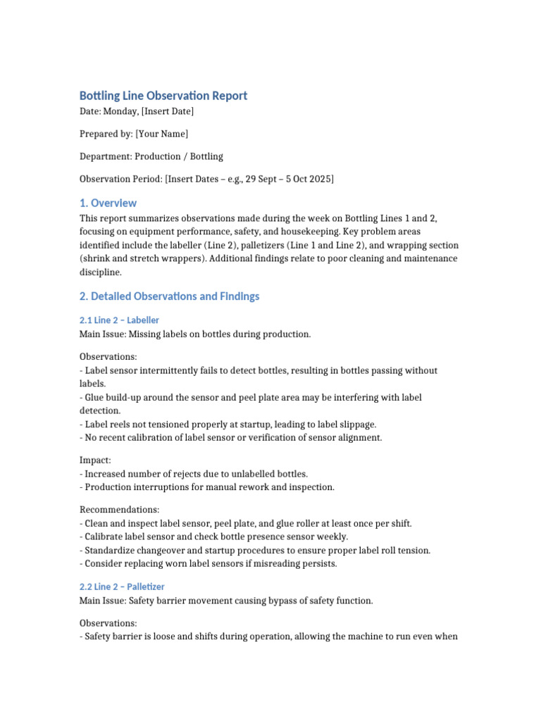Bottling Line Performance Observation Report | PDF | Reliability ...