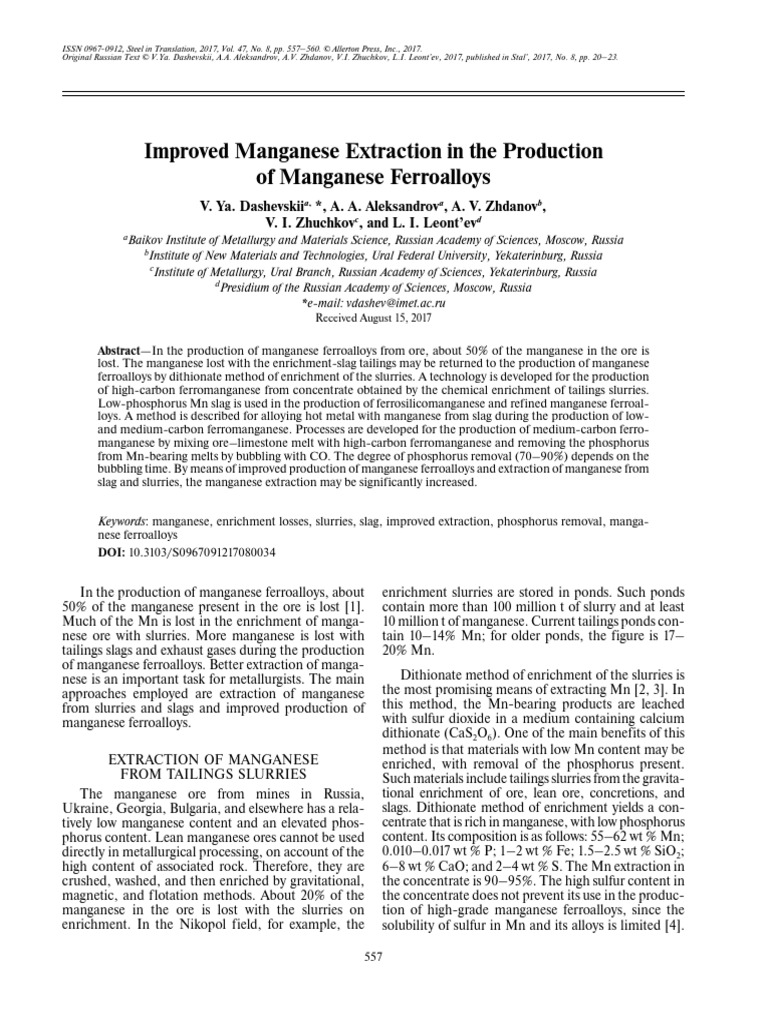 Improved Manganese Extraction in The Production | PDF | Manganese | Metals