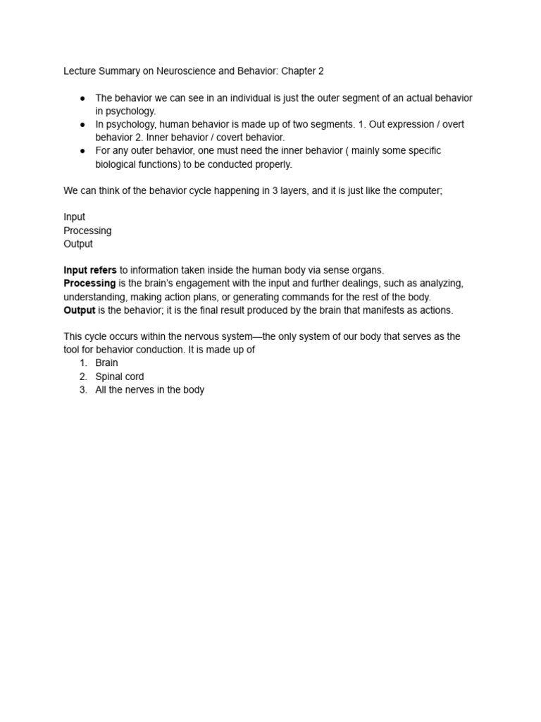 Neuroscience of Behavior: Input, Processing, Output | PDF | Nervous ...