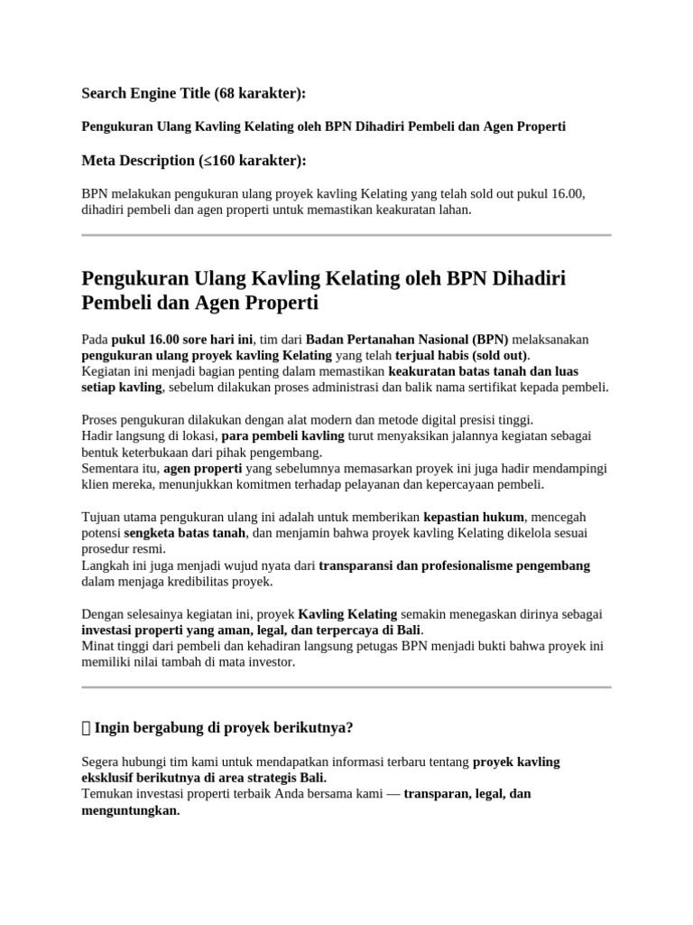 Pengukuran Ulang Kavling Kelating BPN | PDF