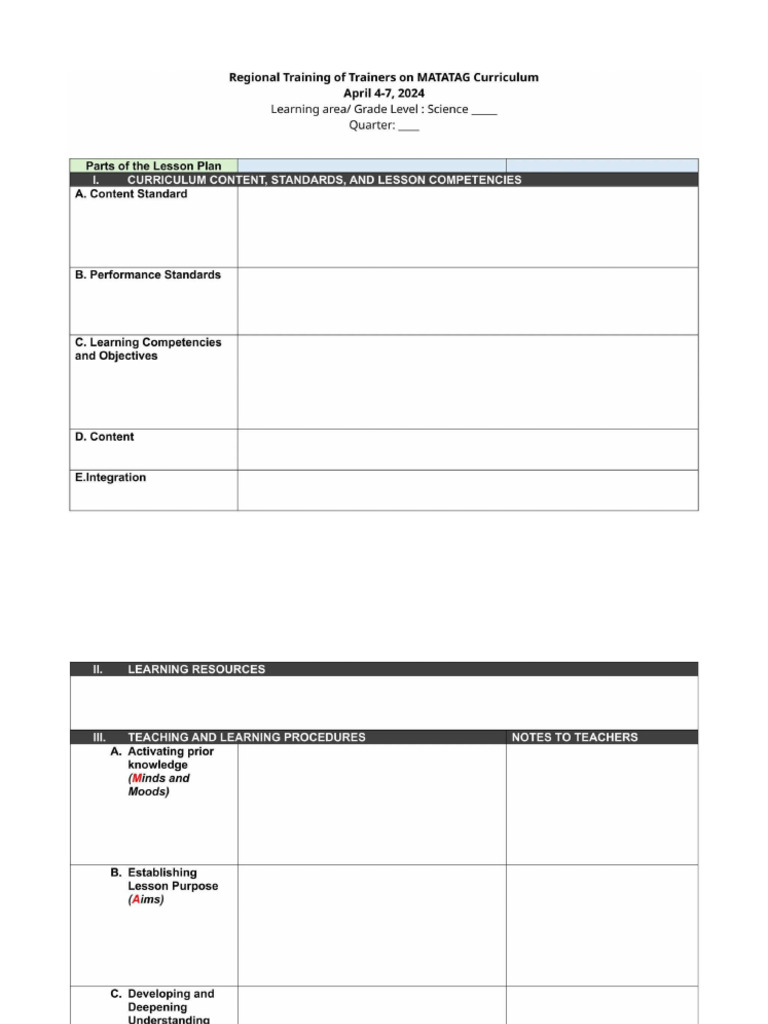Matatag Curriculum Lesson Plan Template | PDF