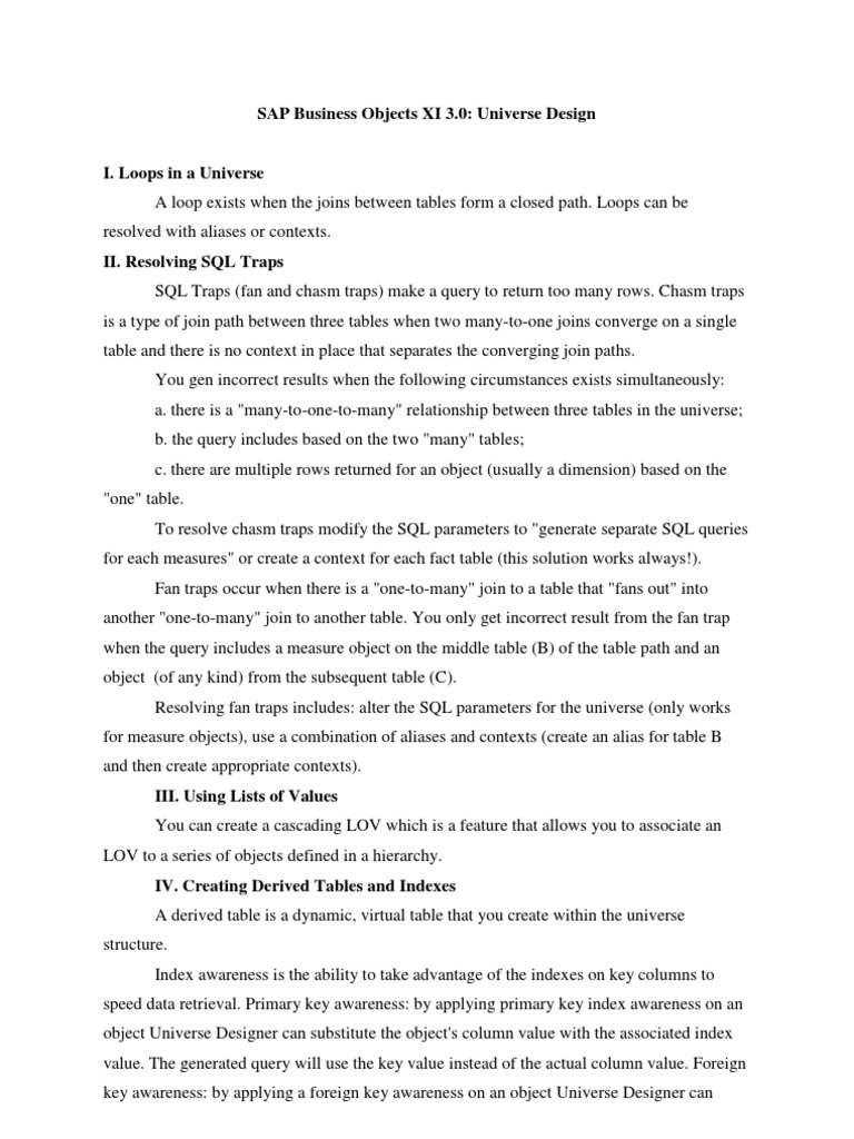 SAP Business Objects XI 3.0: Universe Loops & Traps | PDF | Database ...