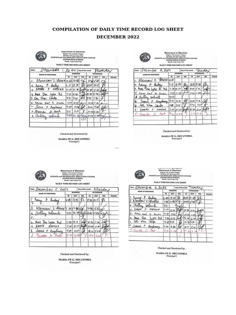 Compilation of Daily Time Record Log Sheet December | PDF