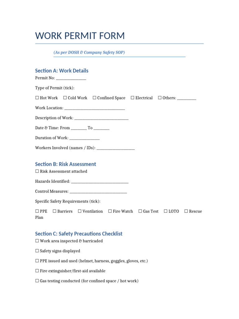 Work Permit Form for Safety Compliance | PDF