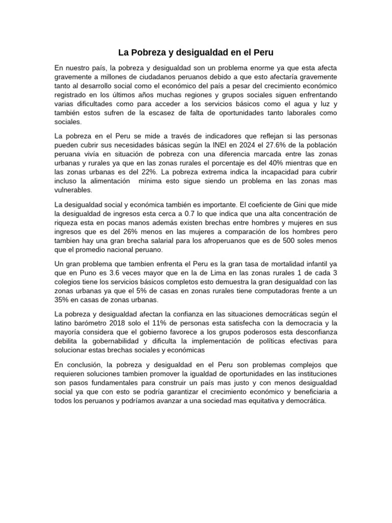 Pobreza y Desigualdad en Perú 2024 | PDF | Desigualdad social ...