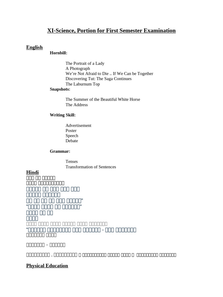XI-Science, Portion For First Semester Examination (2025-26) | PDF