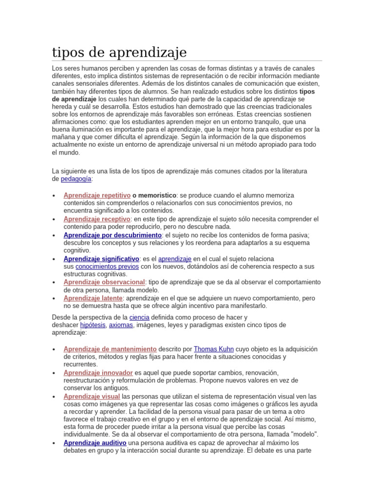 Tipos de Aprendizaje: Guía Completa | PDF | Aprendizaje | Habilidades ...
