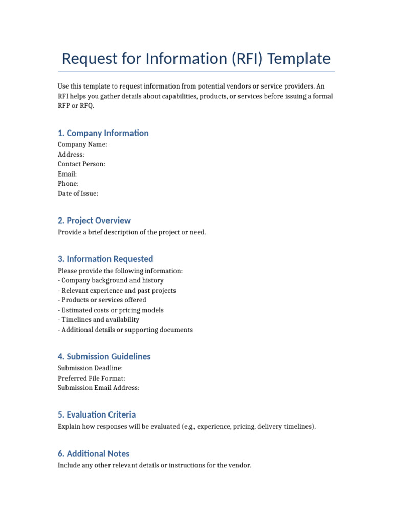 RFI Template for Vendor Information | PDF