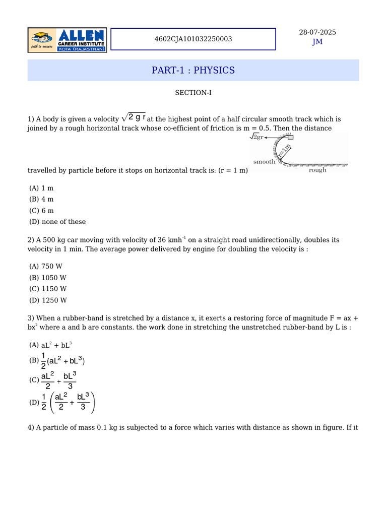 Minor Test 2 - Paper 1 | PDF | Force | Tension (Physics)