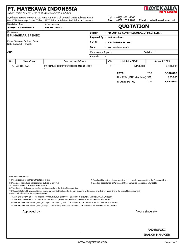 Quotation for MYCOM A2 Compressor Oil | PDF | Indonesian Rupiah
