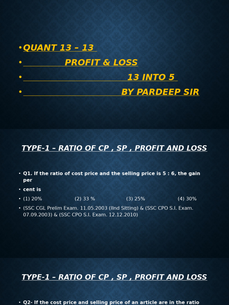 Profit and Loss Ratio Questions | PDF | Business Economics | Marketing