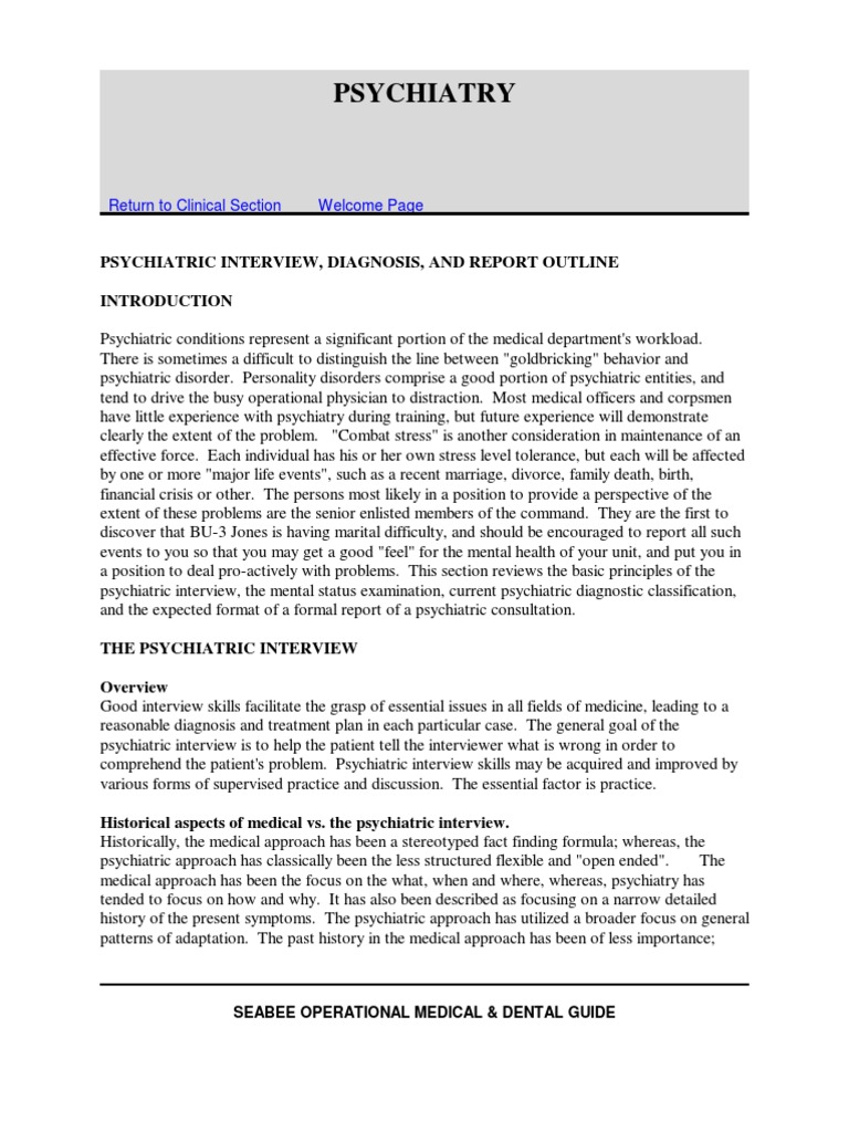 Psychiatry Psychiatric Interview, Diagnosis, and Report Outline PDF