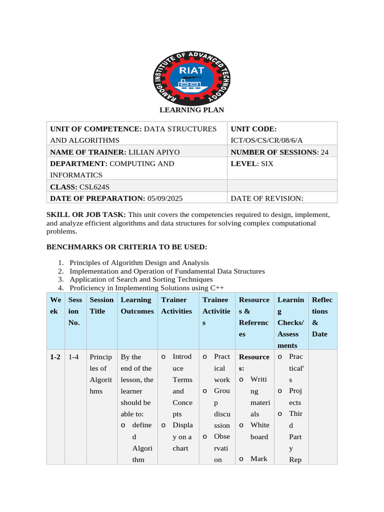 Data Structures & Algorithms Learning Plan | PDF | Theoretical Computer ...