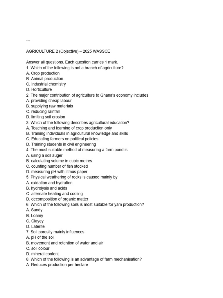 Agriculture 2 WASSCE 2025 Exam Guide | PDF | Soil | Agriculture