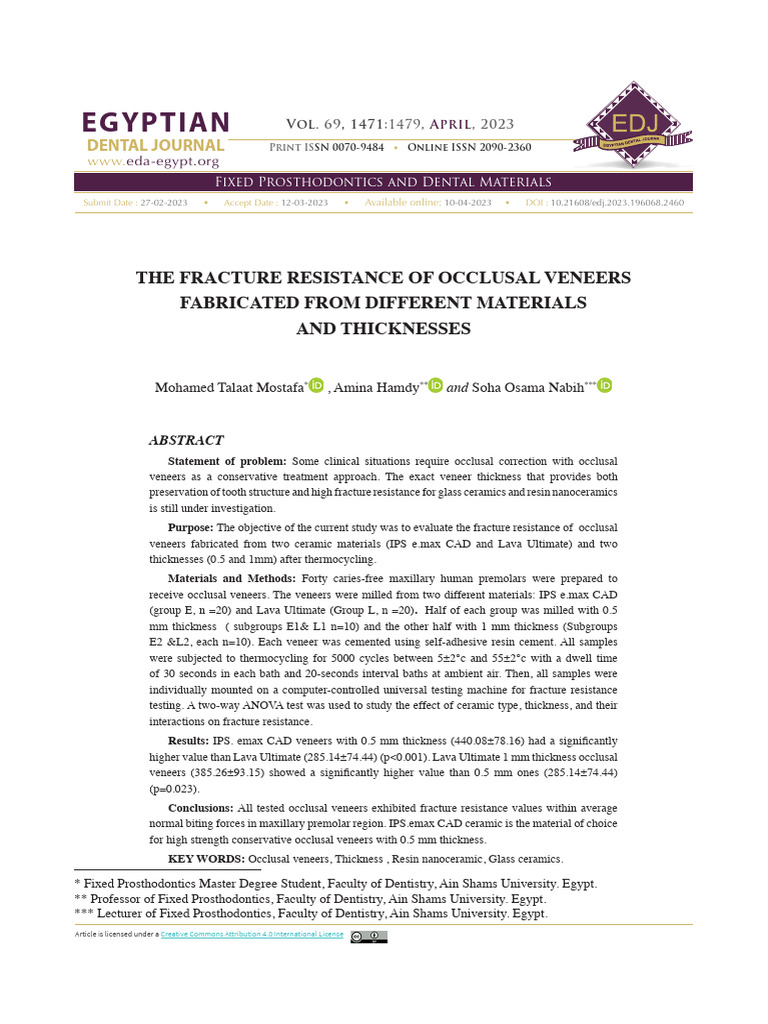 The Fracture Resistance of Occlusal Veneers Fabric | PDF | Dentistry ...