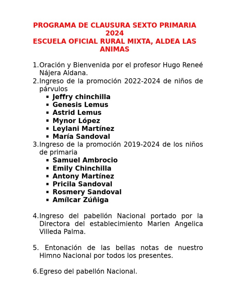 Programa de Clausura Sexto Primaria 2024 | PDF