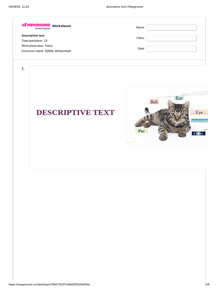 Descriptive Text Worksheets Guide | PDF