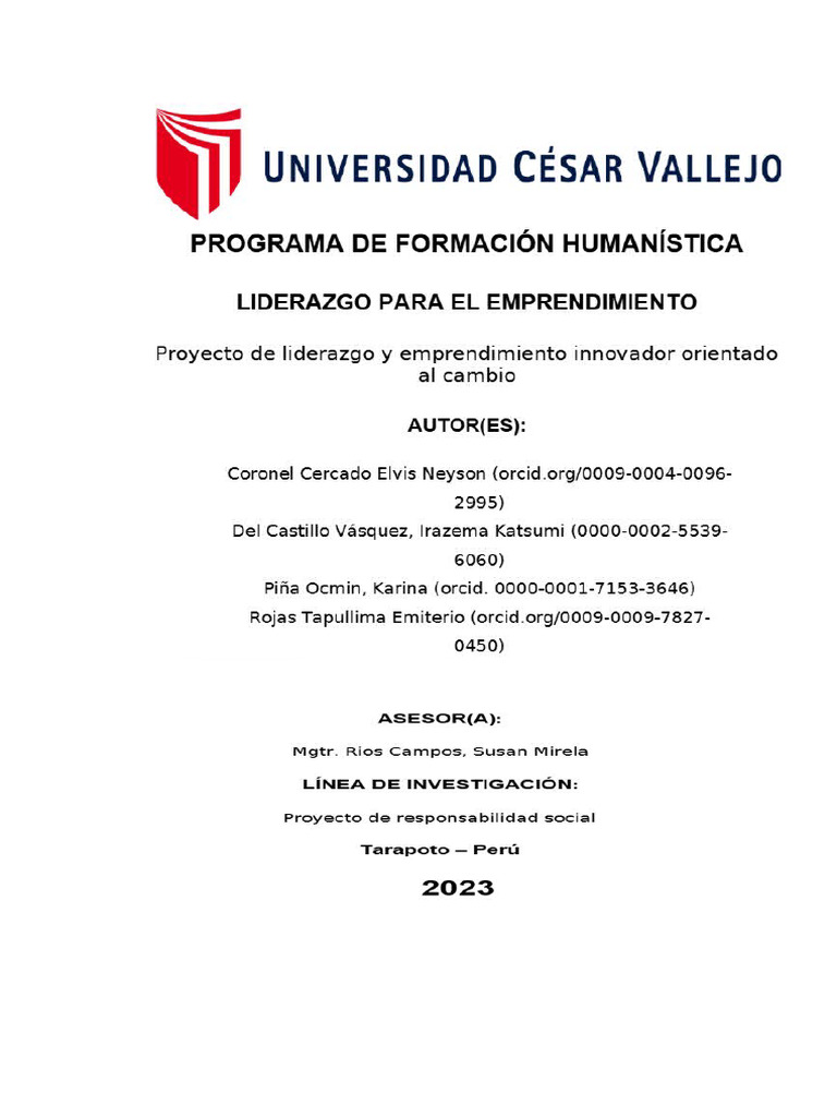 Proyecto de Liderazgo y Emprendimiento Innovador Orientado Al Cambio | PDF