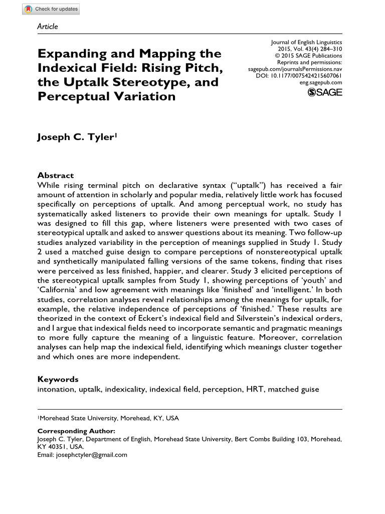 Expanding and Mapping The Indexical Field: Rising Pitch, The Uptalk ...