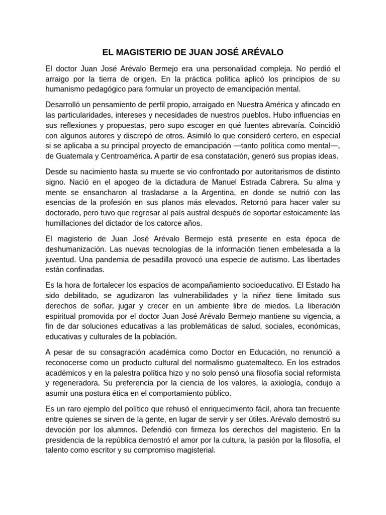 El Magisterio de Juan José Arévalo | PDF | Guatemala | Pedagogía