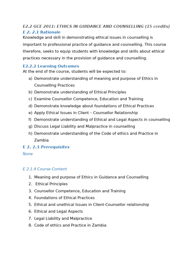 Gce 2011 Ethical Issues in Counselling Course Outline-1 | PDF ...