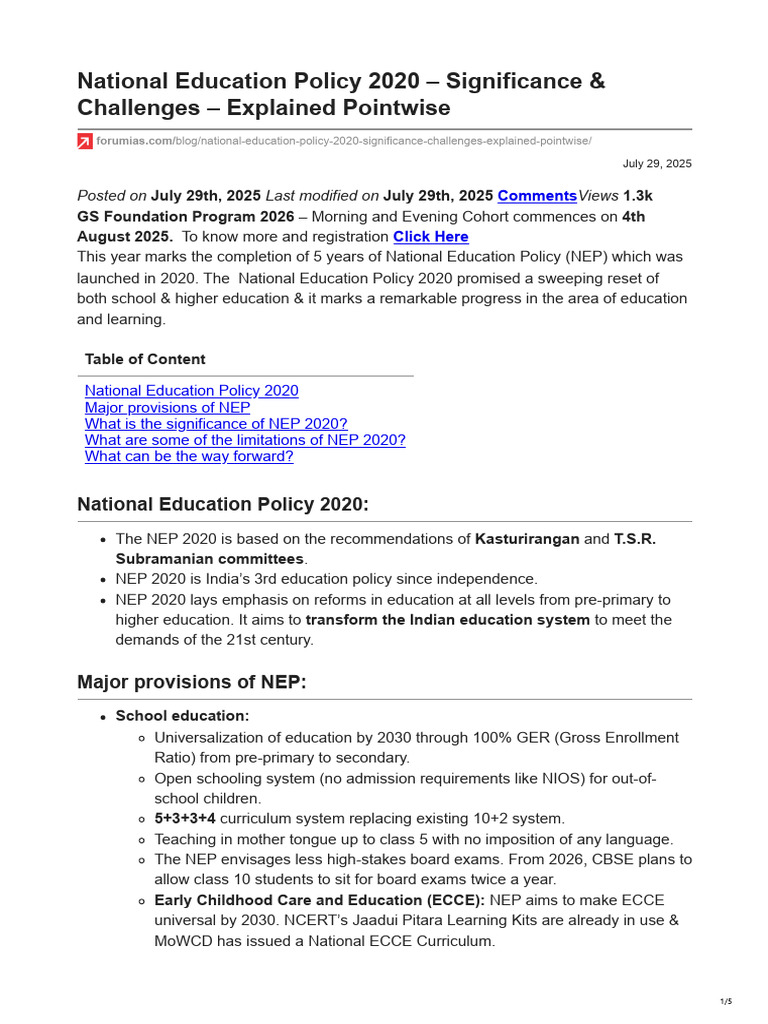 NEP 2020: Significance and Challenges Explained | PDF | Vocational ...