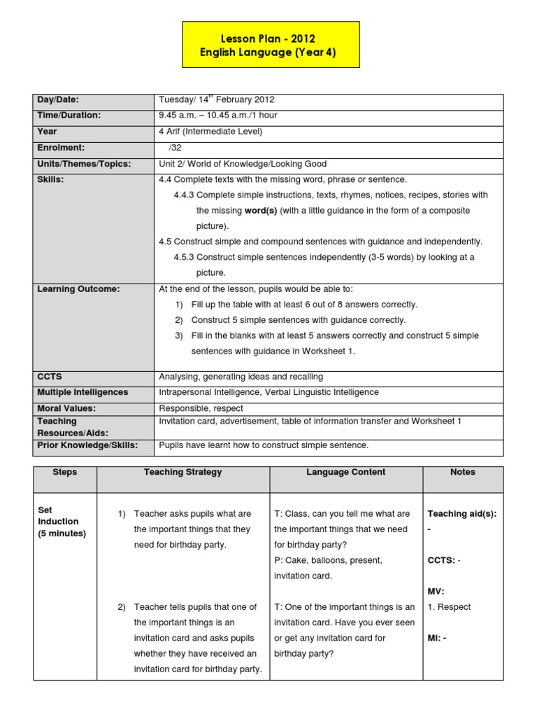Year 4 English Lesson Plan: Invitations | PDF | Lesson Plan | Sentence ...