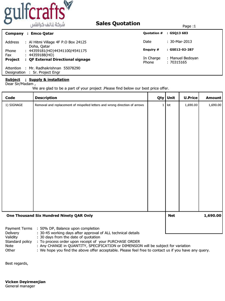 Sales Quotation: Company: Emco Qatar | PDF