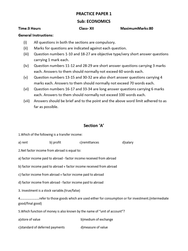 Class XII Economics Practice Paper | PDF | Fiscal Multiplier | Taxes